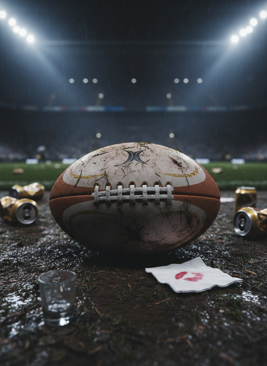 A battered rugby ball with scuffed leather, faded white laces, and grass stains smeared across its seams, resting alone at the center of a muddy pitch. Around it, crushed aluminum cans, a cracked shot glass, and a single lipstick-smeared napkin lie scattered in disarray. Harsh stadium floodlights slash across the scene from above, carving deep shadows and glinting off wet mud puddles. Photographic realism, shot from a low, close-up angle with shallow depth of field, so the ball looms large and the wreckage blurs into a chaotic haze. The mood is bold, raw, and on the edge of collapse, balancing dark humor with a sense of looming fallout.