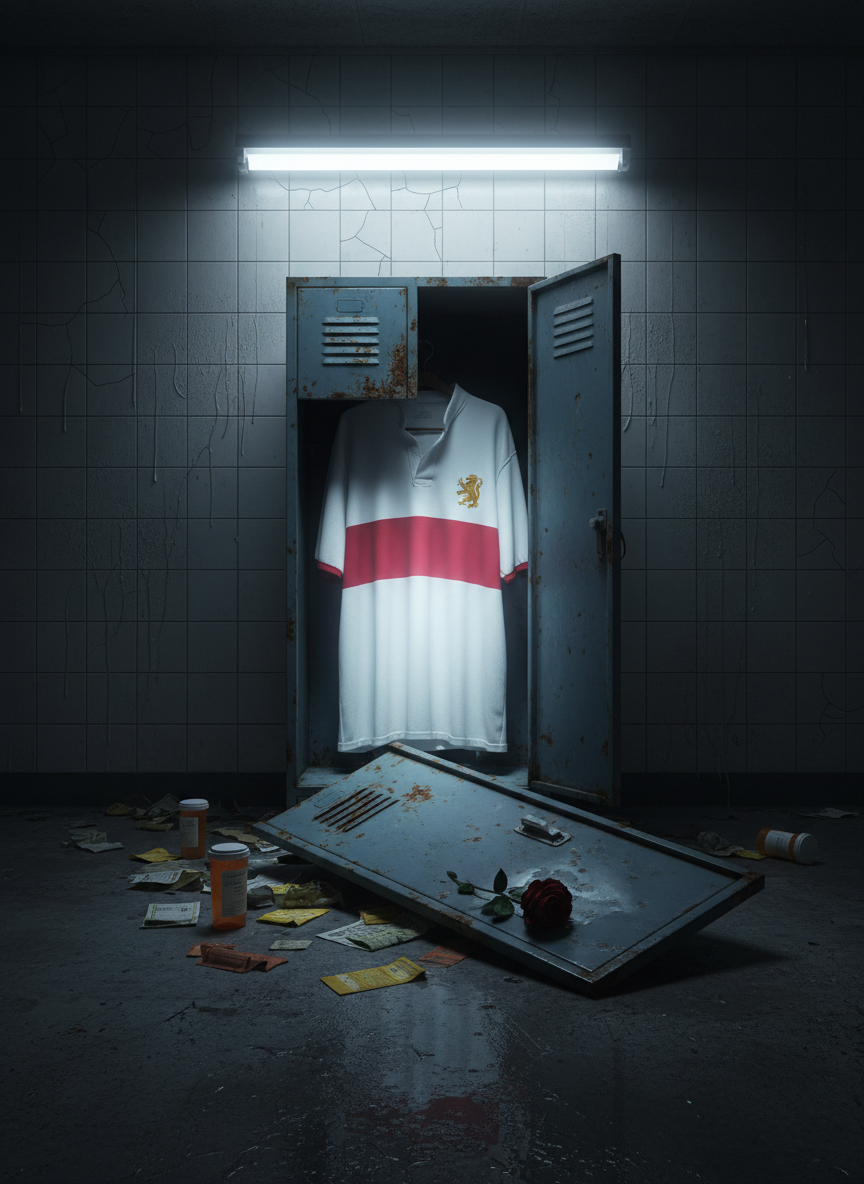 An overturned, scratched metal locker door hanging half-open in a dim, grimy locker room, its paint chipped and dented from years of collisions. Inside, a neatly folded, pristine rugby jersey glows under a streak of cold fluorescent light, surrounded by empty prescription bottles, crumpled betting slips, and a single crushed rose. Condensation beads on the tiled walls, and a flickering light overhead casts intermittent, jittery shadows. Photographic realism, wide-angle lens from an eye-level perspective, with the jersey centered in the frame as the quiet, ironic heart of the chaos. The atmosphere feels tense, sardonic, and moments away from spiraling further out of control.