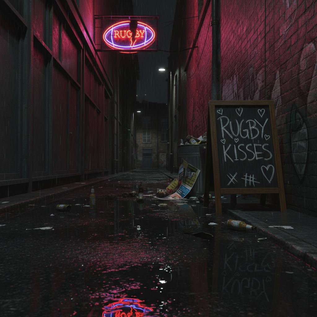 A rain-slicked city alley at night, asphalt shining like black glass beneath a neon pub sign shaped like a rugby ball, its buzzing red and purple light stuttering in the drizzle. At the alley’s mouth, a crooked sandwich board leans against a wall, chalk-scrawled with the title “RUGBY KISSES” surrounded by rough hearts and tally marks. Empty bottles glitter in puddles, and a dented metal trash bin overflows with torn flyers. Photographic realism, cinematic wide shot with deep depth of field, capturing the claustrophobic walls closing in. The lighting is moody and contrasty, with neon reflections warping in the water, creating a bold, grimly hilarious atmosphere of romantic collapse and late-night bad decisions.