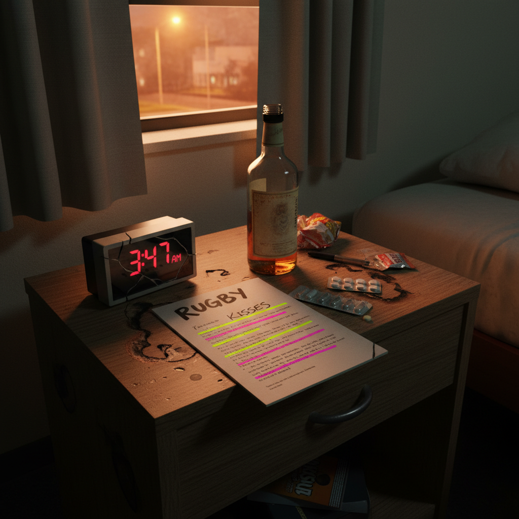 A narrow, cluttered bedside table in a cheap motel room, its faux-wood surface scarred with cigarette burns and ringed drink stains. On top, a half-drunk bottle of amber liquor, a blister pack of pills spilling across a dog-eared, highlighter-marked manuscript labeled “RUGBY KISSES.” A cracked digital alarm clock glares 3:47 AM in lurid red, reflecting off the glossy cover page. Sodium-orange streetlight seeps in through thin curtains, mixing with the sickly glow of a lone bedside lamp to create harsh, cinematic contrast. Photographic realism, shot from a slightly elevated angle, tight composition emphasizing clutter and texture. The mood is darkly comic, exhausted, and teetering on the edge of disaster and inspiration.