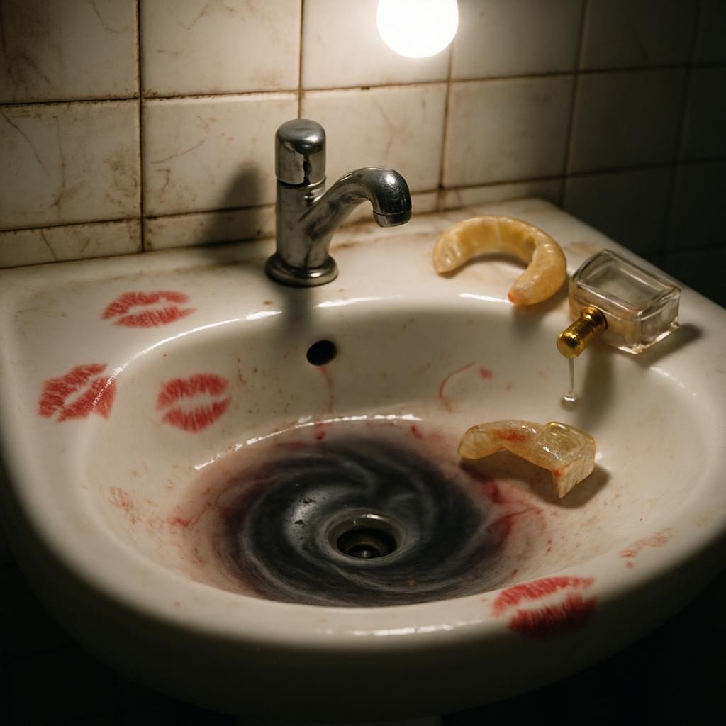 A pristine white porcelain sink in a dingy bathroom, its rim splattered with red lipstick smears and faint traces of blood diluted by swirling, ink-dark water spiraling toward the drain. Beside the faucet, a rugby mouthguard chewed nearly to pieces rests against a small, elegant perfume bottle tipped on its side, leaking a few shimmering drops. Overhead, a single bare bulb casts unforgiving, clinical light, every crack in the tiles and fleck of grime surgically exposed. Photographic realism, close-up composition with the drain on the rule of thirds line, shallow depth of field blurring the far tiles. The mood is savage, intimate, and morbidly funny, capturing the brutal romance of self-destruction with sharp, unflinching clarity.